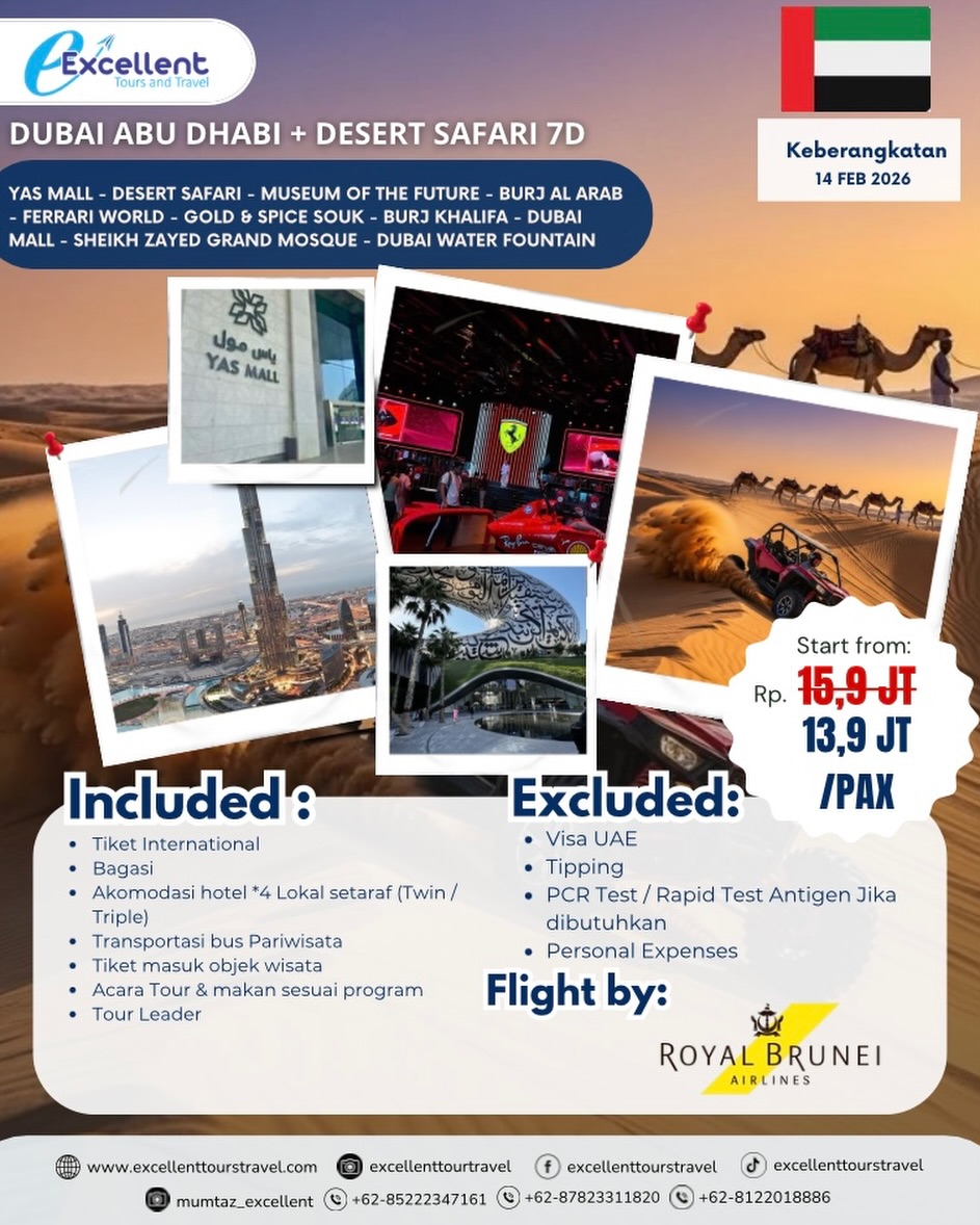 ✨ 7 Hari Jelajah Kemewahan Timur Tengah! ✨Dubai & Abu Dhabi bukan sekadar destinasi, tapi pengal